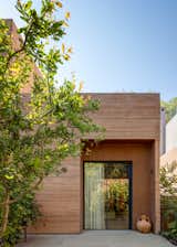 The generous form of traditional pottery softens the clean lines of the concrete volume.