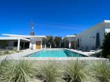 View of the front of the house with pool and spa. Mature olive tree for shade in the courtyard along with cantilever umbrellas for loungers. 