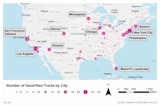 Map showing the gentrified tracts by city in the United States. 