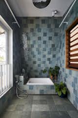 Bath Room, Slate Floor, Ceramic Tile Wall, and Drop In Tub  Photo 4 of 173 in EAST by linda l fiebranz from A Mother and Daughter Share an Expanded Weatherboard Cottage That’s Still Just 807 Square Feet