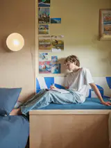 Will was heavily involved with the design of his room, which features a bench and Dwell x Concrete Collaborative tiles. 
