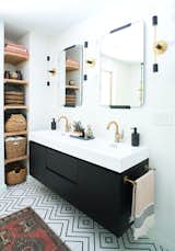 Floating shelves with functional baskets offers stylish and smart storage.