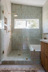 Bath Room, Wall Lighting, Undermount Sink, Quartzite Counter, Full Shower, Limestone Floor, and Ceramic Tile Wall  Photo 10 of 15 in San Clemente Sweeties by Katie Betyar