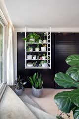 Custom,  double wide steel doors painted flat black hide the utility area and offer a rich backdrop for the suspended plant latter.