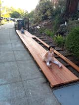 Our inprogress photo.  The assembly is straight forward.  Pressure treated sleepers keep water from being trapped against the planking.