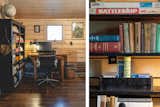 An office area in the open loft area with a collection of classic games and vintage books found at the property. 