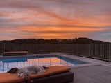 AFTER. View of finished pool, with author's English Setter, Dexter, lounging poolside at sunset. New fence designed to blend in, below vegetation line.