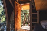 The tree house interior contains two small rooms outfitted with a pair of foldable bunk beds, shatterproof polycarbonate windows, white-stained framing, and brown wall panels.