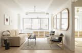 The living room is furnished with Crosshatch Chairs by Eoos and a custom oak mirror designed by Dunham Robinson.&nbsp;