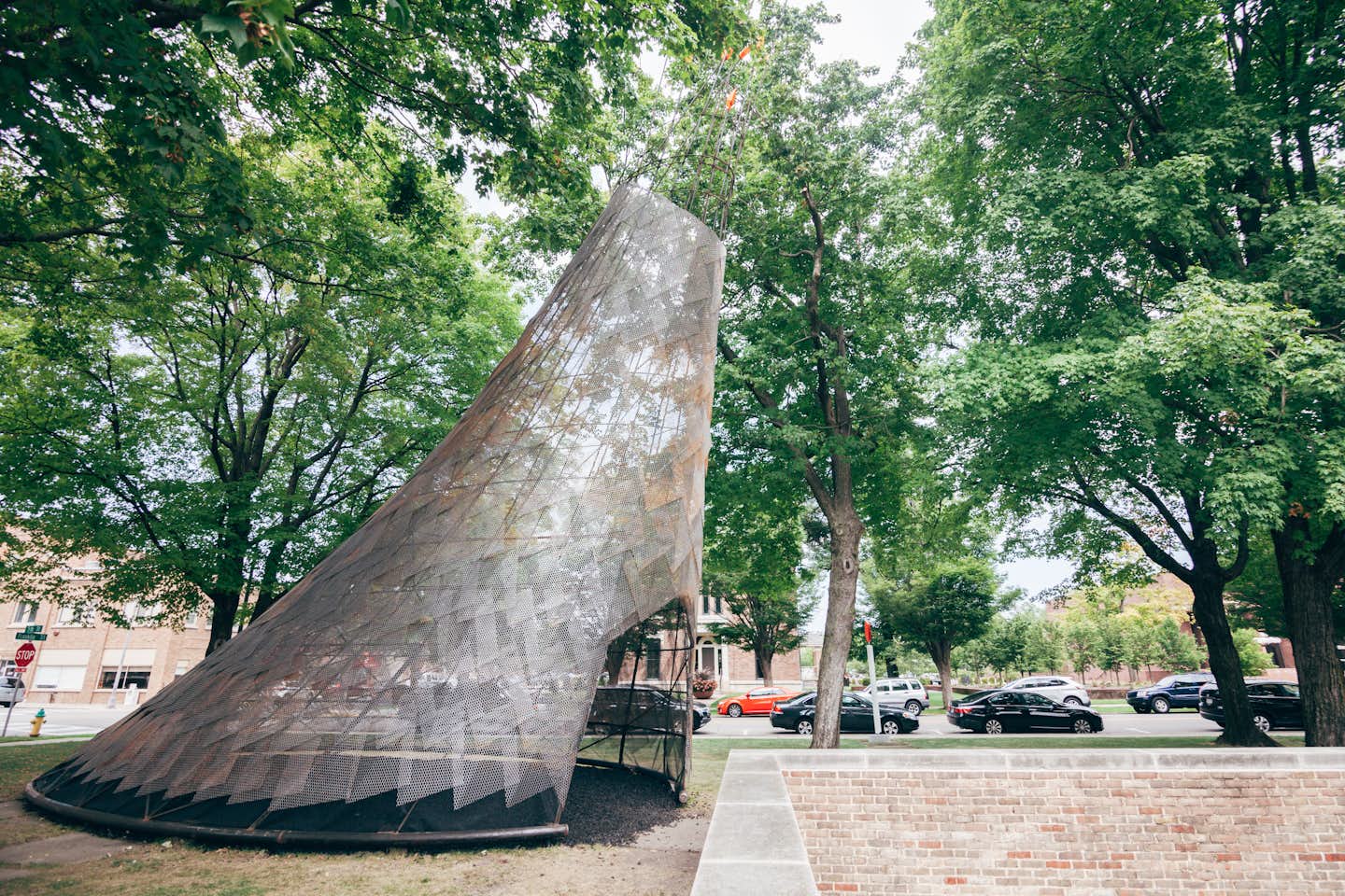 Made of rebar and copper scales, Wiikiaami is a contemporary riff on the "wigwam"—"wiikiaami" in the language of the Myaamia people indigenous to Indiana. It was built in front of Eliel Saarinen’s First Christian Church in Columbus, Indiana.