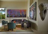 ng Room: Brian Rutenberg, “Green River”, 2013/14; Gregory Amenoff, “Overlook”, 1980, Minke whale skull, Joseph Hoffman club chairs, Gallé wisteria vase, c. 1890, American Leather Ryker sectional courtesy of H. Allen Holmes Inc., Daum Nancy vase c. 1925, Warren Platner side tables, Knoll