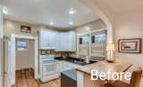 Previous kitchen used shaker style cabinetry with aging appliances and mismatched counters.