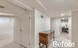 Previous basement den included a centrally located mechanical room creating disjointed spaces.