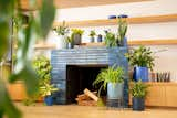 Interior fireplace with floating shelves for books and family keepsakes. 