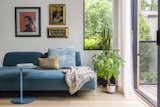One corner is carved out of the second floor, creating an elevated planting bed & drawing afternoon light deep into the living space.. Sofa by Moderne Living, beneath a series of prints by Thomas Van Housen.