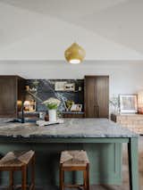 Kitchen - Hand Eye Studio pendant; soapstone slab counters; Ed Mell print; custom cabintry - walnut and PPG Never Green  