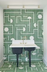 Bath Room, Tile Counter, Ceiling Lighting, Ceramic Tile Floor, and Ceramic Tile Wall  Photo 1 of 10 in The Summer House by Carrie Myers