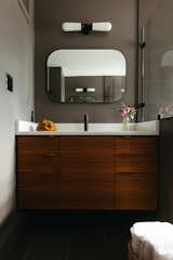 Bath Room, Engineered Quartz Counter, Porcelain Tile Floor, and Drop In Sink Custom teak vanity  Photo 8 of 9 in Riverside Renovation by Missy Neff