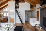Kitchen, Loft and Stairs, AFTER - Custom Loft Ladder from Loft Living Room 62, Vintage Family Heirloom Danish Modern Chair, Fireplace Mantel Locally Milled, FOundry Flats iron Forge Fireplace Cladding by Cle Tile