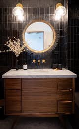 Upstairs bath AFTER - Custom Walnut vanity by WestCoastModernLA, Kohler Fixtures, Zia Zellige tile, Lighting by Mitzi 