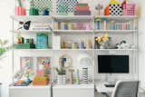 Mikei's office space is a smorgasbord of stripes and colors, featuring splashy accessories from brands like Dusen Dusen, Areaware, and HK Living. 