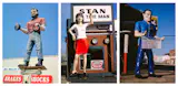 Route 66 celebrates its 100th anniversary this year, sparking a new wave of attention to its iconic kitsch and giant figures, most ranging from 14 to 23 feet tall. From left to right: Tire Man Big Brand tire statue in Van Nuys, California, 1991; Stan the Tire Man statue in Mount Vernon, Illinois, 1988; Tire Man statue in Birmingham, Alabama, 1980.