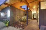 Courtyard Entry with stained Pinewood wrap around and contemporary door , Olive bushes 