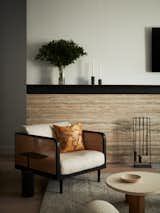 Close up of the living room mantel featuring the silver travertine 