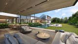 The living room, dining area, and kitchen open to a covered terrace overlooking a pristine swimming pool.