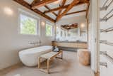 Master bathroom with historic original woodwork ceiling (typical of Dutch canal homes)