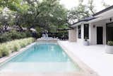 Plunge pool in Austin, TX surrounded by feathery, low-water grasses and contrasting pavers. Modern matching playhouse, firepit and sauna in the background. 