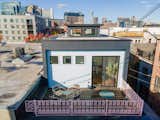 Roof terrace with views of downtown Baltimore beyond. The pink railing is reclaimed cast iron from the mid 19th century, painstakingly sandblasted by the homeowners.