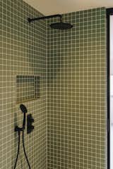 Bath Room, Concrete Floor, Ceramic Tile Wall, Ceiling Lighting, Stone Counter, Open Shower, and Corner Shower Winckelmans tiles to make it a spacial little room  Photo 2 of 4 in The box by Standard Studio Hello