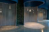 Restaurant with four privet rooms.
- Floor: dark blue micro-cement with Verde Antigua and Mediterranean Blue marble slabs by ABC Stone
- Aluminum curtains
- Soffit: water metal ripple, Geneva model by G-Tex (UK)
- Lights: N55 by Viabizzuno