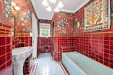 Bath Room, Drop In Tub, Ceramic Tile Floor, Pendant Lighting, Ceramic Tile Wall, One Piece Toilet, Enclosed Shower, and Vessel Sink Primary Bathroom with Original Deco Tile  Photo 9 of 13 in French Normandy Revival Estate In Coveted Enclave of Beverly Hills Lists for $8.5M by Beyond Shelter