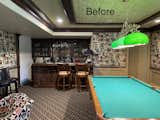 Before photo - detailing faux ceiling, carpeting, small bar area