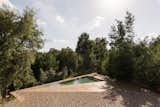 A triangle-shaped pool is built into the hillside site.