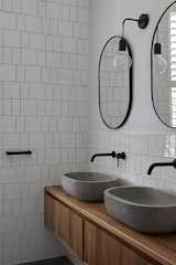 Bath Room, Ceramic Tile Wall, Pendant Lighting, Wall Lighting, Ceramic Tile Floor, Open Shower, Wood Counter, and Vessel Sink  Photo 14 of 18 in Riversdale Kyneton by Cameron Greiner