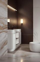 Bath Room, Marble Floor, Marble Wall, Accent Lighting, Quartzite Counter, Open Shower, Ceiling Lighting, One Piece Toilet, Pedestal Sink, and Wall Lighting Luxurious feeling bathroom, finished in beige and brown marble.   Photo 5 of 5 in Ink 'n Earth Apartment by EASY Interior Design