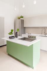 colourful kitchen, kitchen island, color, gres worktop, green, laminate, induction hob, resin floor.