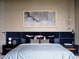 Bed by Poliform, textiles by de Le Cuona.
Lamps by Ochre.
Cushions by Deluxe Home Creation.
Bedspread made from wild Indian silk.
Japanese vintage screen brought from France.