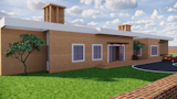 The use of brick adds earthy tones to the facade.