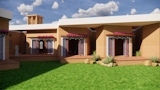 The angular orientation of the house helps in naturally shading the spaces.