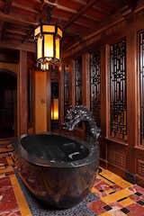 Custom freestanding bath tub fountain dragon sculpture. Dematerialized wall, asian panels.