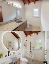 Bath Room, Pendant Lighting, Ceramic Tile Floor, Accent Lighting, Open Shower, Porcelain Tile Floor, Wall Lighting, Vessel Sink, Undermount Sink, Concrete Counter, and One Piece Toilet Bath Before & After  Photo 17 of 18 in Casa Serena by The Nature Studio