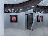 Two openings and a mirror break up its regular structure. 