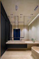 Bath Room, Travertine Floor, Freestanding Tub, Vessel Sink, and Recessed Lighting  Photo 11 of 16 in Death Star Loft by RAAD Studio