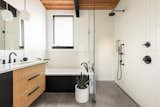 Bath Room, Open Shower, Ceramic Tile Floor, Engineered Quartz Counter, Pendant Lighting, Undermount Sink, Subway Tile Wall, Recessed Lighting, and Undermount Tub  Photo 13 of 19 in Scandinavian Mid-Mod Ranch by Clark Thomas