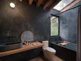 The master bathroom features a bathtube under a skylight to appreciate the tree tops.
