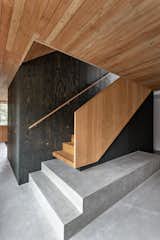 A fir ceiling and stairs contrasted against a smooth concrete floor and dark wood paneling add texture an dimension.